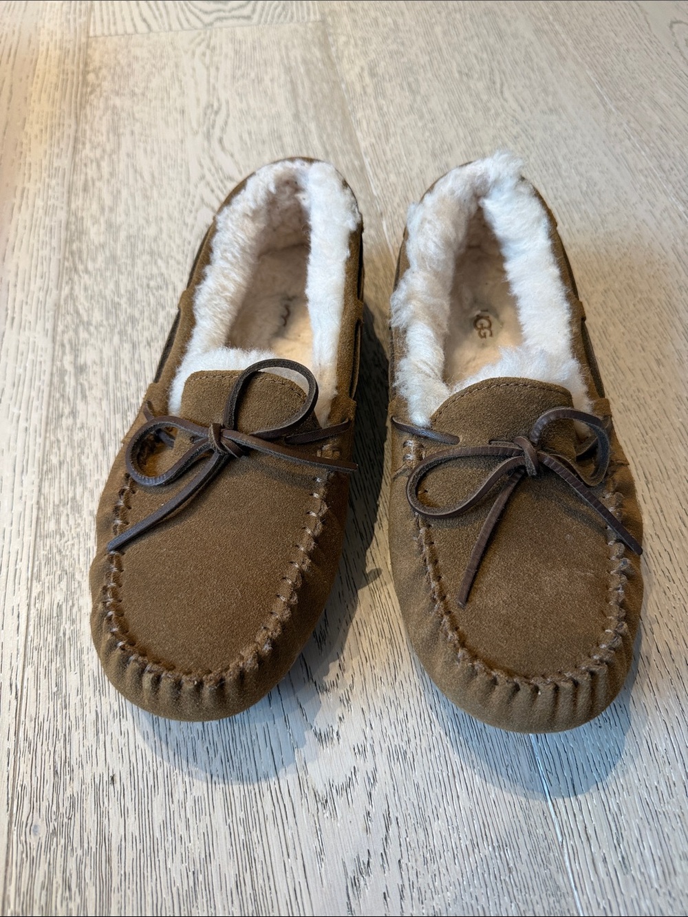Ugg Chestnut Suede Moccasin Slippers with Shearling Lining